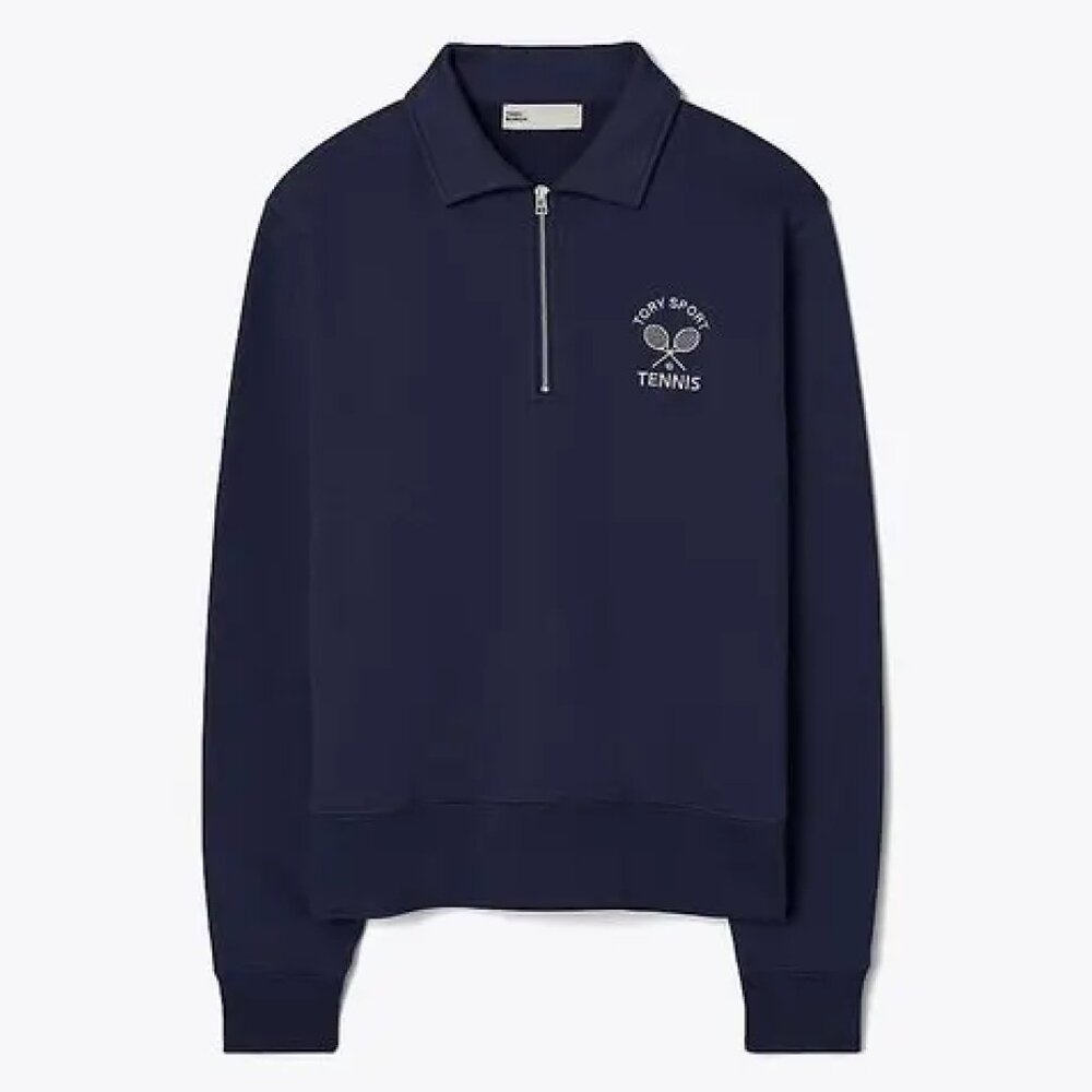 Tory Burch Sport Half Zip Sweatshirt French Terry Navy Tennis Pullover NWOT - Picture 2 of 6